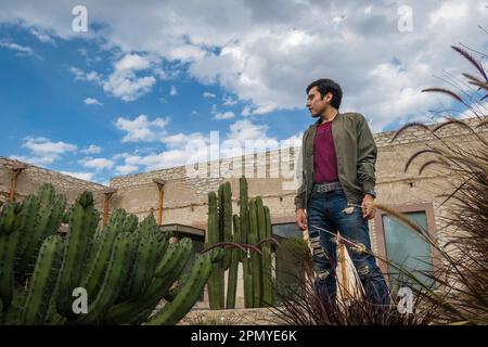 Un uomo che visita la vecchia scuola di modello rustico con cactus in Mineral de Pozos Guanajuato Messico Foto Stock