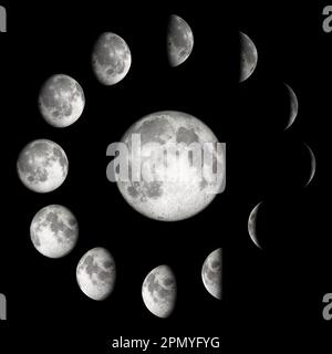 Infografica sulle fasi lunari che mostra il ciclo lunare mensile. Il tracciato di ritaglio è incluso nell'illustrazione. Foto Stock