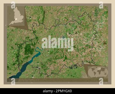 Gloucestershire, contea amministrativa dell'Inghilterra - Gran Bretagna. Mappa satellitare ad alta risoluzione. Mappe delle posizioni ausiliarie degli angoli Foto Stock