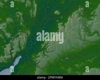 Gloucestershire, contea amministrativa dell'Inghilterra - Gran Bretagna. Mappa di altitudine colorata con laghi e fiumi Foto Stock