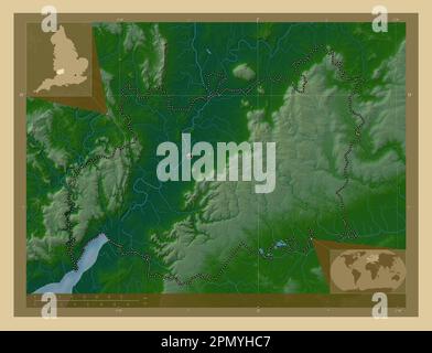 Gloucestershire, contea amministrativa dell'Inghilterra - Gran Bretagna. Mappa di altitudine colorata con laghi e fiumi. Mappe delle posizioni ausiliarie degli angoli Foto Stock