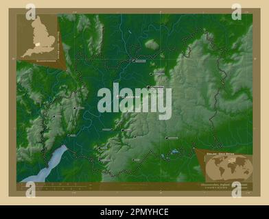 Gloucestershire, contea amministrativa dell'Inghilterra - Gran Bretagna. Mappa di altitudine colorata con laghi e fiumi. Località e nomi delle principali città di Foto Stock