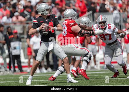 Columbus, Ohio, Stati Uniti. 15th Apr, 2023. Il quartier-back dei Buckeyes dello stato dell'Ohio, Tristan Gebbia (14), torna a far fronte alla partita primaverile tra lo Scarlet dei Buckeyes dello stato dell'Ohio e il Gray all'Ohio Stadium, Columbus, Ohio. (Credit Image: © Scott Stuart/ZUMA Press Wire) SOLO PER USO EDITORIALE! Non per USO commerciale! Credit: ZUMA Press, Inc./Alamy Live News Credit: ZUMA Press, Inc./Alamy Live News Foto Stock