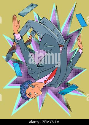 Tecnologie multimediali. Funzionalità dell'app mobile. Espansione delle funzioni del telefono. Un uomo in stile anime si aggira tra i telefoni. Pop Art retro Illustrazione Vettoriale