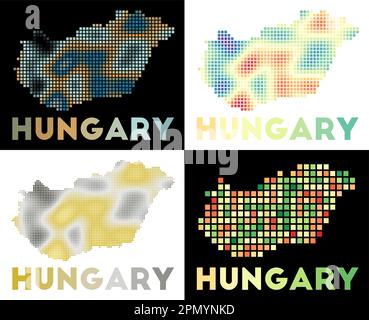 Mappa dell'Ungheria. Raccolta di mappe dell'Ungheria in stile punteggiato. Bordi del paese riempiti di rettangoli per il vostro disegno. Illustrazione vettoriale. Illustrazione Vettoriale