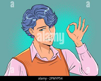 Accettazione della proposta. Bel ragazzo anime che mostra ok segno. Ottima atmosfera di lavoro. Pop Art retro Illustrazione Vettoriale