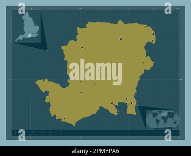 Hampshire, contea amministrativa dell'Inghilterra - Gran Bretagna. Forma a tinta unita. Posizioni delle principali città della regione. Mappa della posizione ausiliaria ad angolo Foto Stock