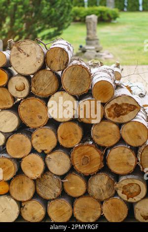 legno tagliato immagazzinato da una casa suburbana Foto Stock