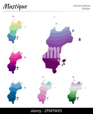 Set di mappe vettoriali di Mustique. Design a onde vibranti. Mappa luminosa dell'isola in stile geometrico con curve lisce. Mappa multicolore Mustique per il tuo design Illustrazione Vettoriale