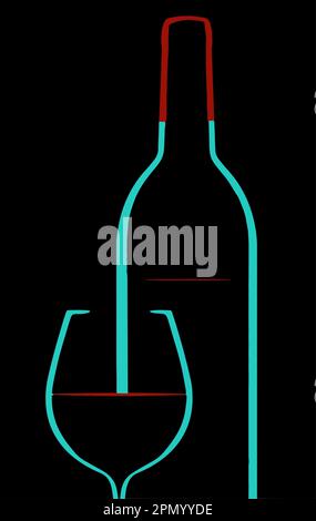 Il vino in bottiglie e bicchieri si vede in una luce d'ingombro che illumina i bordi colorati del vino e del bicchiere. Illustrazione Vettoriale