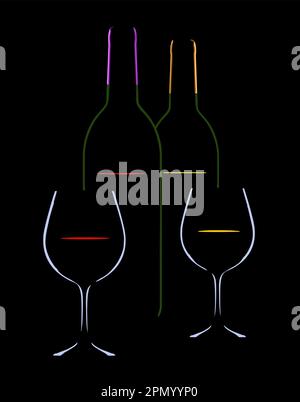 Il vino in bottiglie e bicchieri si vede in una luce d'ingombro che illumina i bordi colorati del vino e del bicchiere. Illustrazione Vettoriale