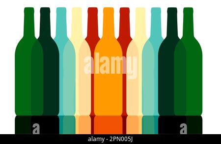 Colorate bottiglie di vino astratte sono viste isolate sullo sfondo in questa illustrazione vettoriale. Illustrazione Vettoriale