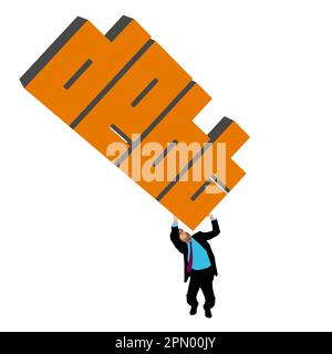 Un uomo lotta per alzare il debito di parola scritto in lettere di blocco. Questo è un vettore. Illustrazione Vettoriale