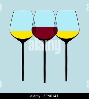 In questa illustrazione vettoriale si vedono vini rossi e bianchi in bicchieri a gambo lungo. Illustrazione Vettoriale