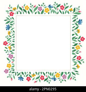 Bright Chintz Romantic Meadow Wildflowers Vector Square Frame Illustrazione Vettoriale