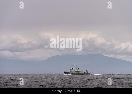 La nave di recupero siluro delle forze canadesi Stikine naviga verso nord nello stretto della Georgia, vicino a Nanaimo, British Columbia, Canada. Foto Stock