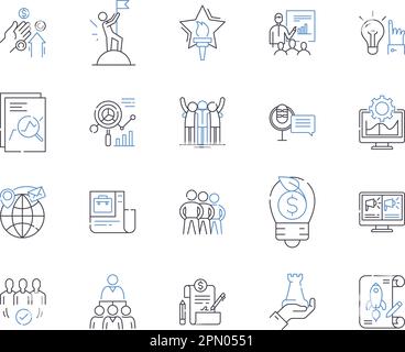 Le metriche aziendali delineano la raccolta di icone. Fatturato, profitto, costo, efficienza, domanda, Qualità, vettore dei prezzi e set di concetti di illustrazione. Produzione Illustrazione Vettoriale