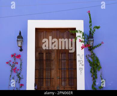 Un profondo edificio periwinkle con una porta di legno, conce, e una bougainvillea in una strada di Merida, Yucatan, Messico. Foto Stock