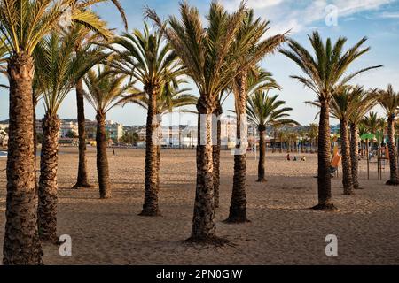 Platja de l'Arenal (spiaggia di Arenal (la Ampolla) nella baia di Fangar). Spiaggia ricurva e una passeggiata con negozi, caffè e ristoranti, Xabia, Javea Foto Stock