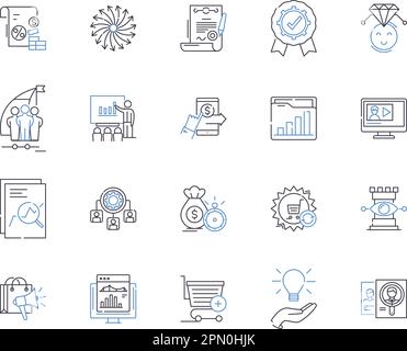 Strategia e planando contorno icone collezione. Strategia, Pianificazione, progettazione, analisi, struttura, Scenario, vettore di rotta e set di concetti di illustrazione Illustrazione Vettoriale