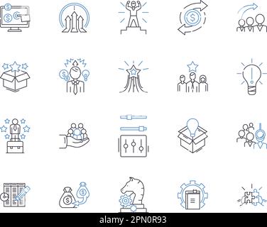 Efficienza del lavoro delineare la raccolta di icone. Produttività, efficacia, competenza, rapidità, velocità, Dinamismo, capacità vettore e illustrazione Illustrazione Vettoriale