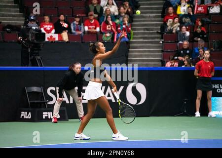 Vancouver, Canada. 15th Apr, 2023. Vancouver, British Columbia, Canada, 15th 2023 aprile: Leylah Fernandez (Canada) serve durante la partita dei qualificatori della Billie Jean King Cup 2023 tra Canada e Belgio al Pacific Coliseum di Vancouver, BC, Canada (SOLO PER USO EDITORIALE). (Amy Elle/SPP) Credit: SPP Sport Press Photo. /Alamy Live News Foto Stock