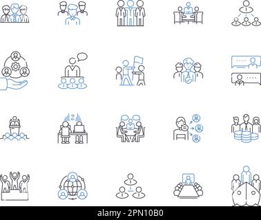 Le basi di teambubuilding delineano la collezione di icone. Lavoro di squadra, comunicazione, collaborazione, fiducia, rispetto, leadership, vettore di negoziazione e illustrazione Illustrazione Vettoriale