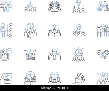 Le basi di teambubuilding delineano la collezione di icone. Lavoro di squadra, comunicazione, collaborazione, fiducia, rispetto, leadership, vettore di negoziazione e illustrazione Illustrazione Vettoriale