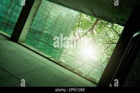 Edificio verde e di sostenibilità. Edificio ecologico nella città moderna. Edificio sostenibile in vetro per uffici con albero per ridurre il biossido di carbonio. Ufficio Foto Stock