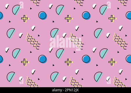 Stile retrò Memphis 80s 90s ispirato moda astratto sfondo . punti e virgola, cerchi e linee. Design pronto per tessuti, carta da imballaggio e carta da parati . Illustrazione vettoriale Illustrazione Vettoriale