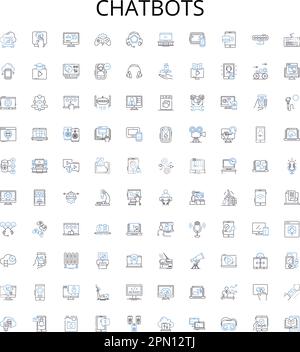 Chatbot contorno icone raccolta. Chatbot, ai, automazione, bot, conflittuali, Dialogflow, Set di illustrazioni vettoriali per l'apprendimento automatico. NLP Illustrazione Vettoriale