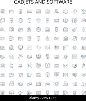 GADJETS e software delineano la collezione di icone. Gadget, Software, elettronica, tecnologia, computer, Telefoni, set di illustrazioni vettoriali per tablet. Telecamere Illustrazione Vettoriale