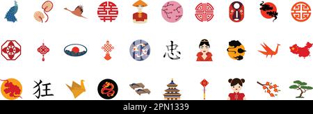 Set di icone tradizionali cinesi. set di illustrazioni vettoriali disegnate a mano in stile piatto. simboli della cina religiosa, animali, persone ed edifici. Icone tribali asiatiche per viaggi e lavori di nuovo anno. Illustrazione Vettoriale