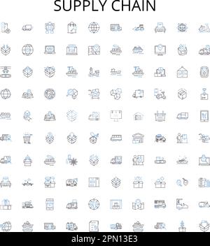 Raccolta di icone di contorno della catena di fornitura. Logistica, gestione, ottimizzazione, fornitura, catena, Distribuzione, insieme di illustrazioni del vettore di tracciamento. Magazzino Illustrazione Vettoriale