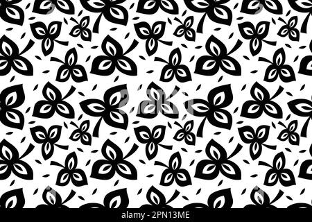 Le foglie astratte sono un motivo senza cuciture. Foglia nera disegnata a mano con texture ruvide. Motivo vegetale con sagome di ramatura, rametti decorativi a spazzola. Stampa in inchiostro nero con fogliame. Illustrazione Vettoriale