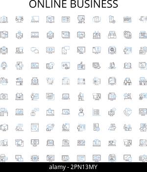 Online business contorno icone raccolta. ECommerce, Storefront, digitale, Merchandise, Marketplace, Pubblicità, Set di illustrazioni vettoriali per i servizi Illustrazione Vettoriale
