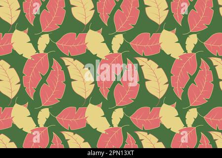 Motivo rosso e giallo senza cuciture con fiori su sfondo verde. Illustrazione vettoriale disegnata a mano. Semplici scarabei autunnali colorati per il design della moda e lo sfondo del tessuto. Stile russo. Illustrazione Vettoriale