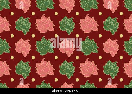 Motivo floreale senza cuciture con fiori dipinti rosa e verde su sfondo rosso. Texture disegnata a mano per tessuti, confezioni regalo, disegni artistici da parete. Illustrazione vettoriale in stile scandinavo. Illustrazione Vettoriale