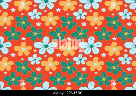Fiori fioriti. Ripetizione senza giunture. Sfondo floreale per tessuti, moda, sfondi, stampa. Fiori sullo sfondo arancione. Margherite di stile russo. Design floreale alla moda. Illustrazione vettoriale Illustrazione Vettoriale