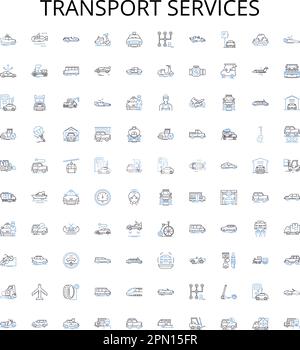 I servizi di trasporto delineano la collezione di icone. Trasporto, trasporto, logistica, consegna, corriere, Transitori, set di illustrazioni vettoriali per trasporto Illustrazione Vettoriale