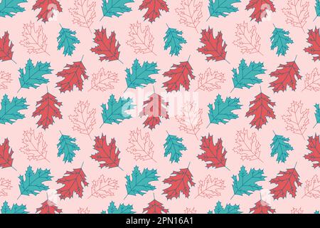 Motivo floreale astratto senza cuciture con foglie di acero e rovere. Foglie rosse e blu su sfondo rosa. Sfondo con fogliame, petali per carta da imballaggio, tessuto, cartoncino, nastro. Illustrazione vettoriale. Illustrazione Vettoriale