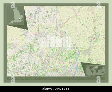Hertfordshire, contea amministrativa dell'Inghilterra - Gran Bretagna. Aprire la mappa stradale. Mappe delle posizioni ausiliarie degli angoli Foto Stock