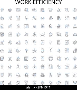 Efficienza del lavoro delineare la raccolta di icone. Produttività, efficacia, competenza, rapidità, velocità, Set di illustrazioni vettoriali per dinamicità, abilità Illustrazione Vettoriale