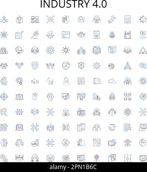 Industry 4,0 - raccolta di icone di contorno. Factory, Automation, Smart, Cyber-Physical, Big, Dati, Set di illustrazioni vettoriali per robotica. Sicurezza informatica Illustrazione Vettoriale