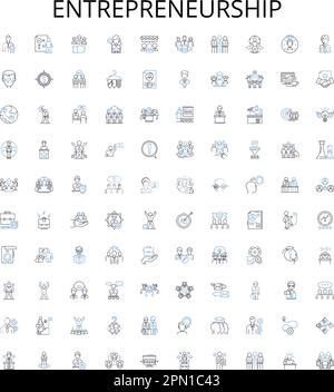 Imprenditorialità delineare la collezione di icone. startup, impresa, commercio, imprenditore, rischio, idea, insieme di illustrazione del vettore di investimento. innovatore Illustrazione Vettoriale
