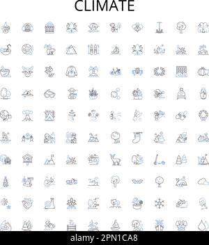 Collezione di icone di contorno del clima. Clima, calore, freddo, temperature, Globale, Set di illustrazioni vettoriali meteo e atmosfera. Umidità, vento, cambiamento Illustrazione Vettoriale