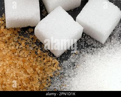 primo piano di tre diversi tipi di zucchero, lo zucchero bianco raffinato granulato, lo zucchero di canna e i cubetti di zucchero Foto Stock