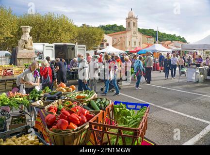 Mercato settimanale a Port Vendres, Pyrénées-Orientales, Languedoc-Roussillon, Francia meridionale, Europa Foto Stock