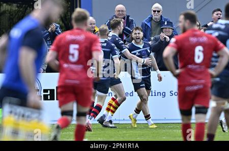 Bedford, Regno Unito. 15th Apr, 2023. Campionato di rugby RFU. Bedford Blues V Jersey Reds. Campo da rugby Bedford Blues. Bedford. Durante la partita di rugby del campionato RFU di Bedford Blues V Jersey Reds. Credit: Sport in Pictures/Alamy Live News Foto Stock