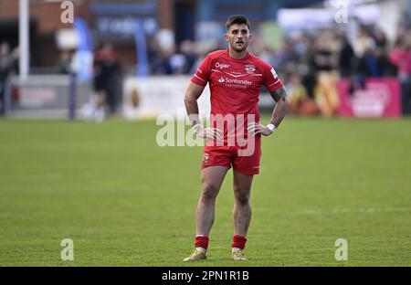 Bedford, Regno Unito. 15th Apr, 2023. Campionato di rugby RFU. Bedford Blues V Jersey Reds. Campo da rugby Bedford Blues. Bedford. Jordan Holgate (Jersey) durante la partita di rugby del campionato RFU Bedford Blues V Jersey Reds. Credit: Sport in Pictures/Alamy Live News Foto Stock